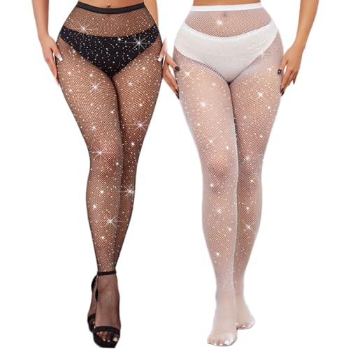 Image of VINICUNCA Fishnet Stockings for Women Sparkly Rhinestone Fishnet Tights Glitter Fish Nets