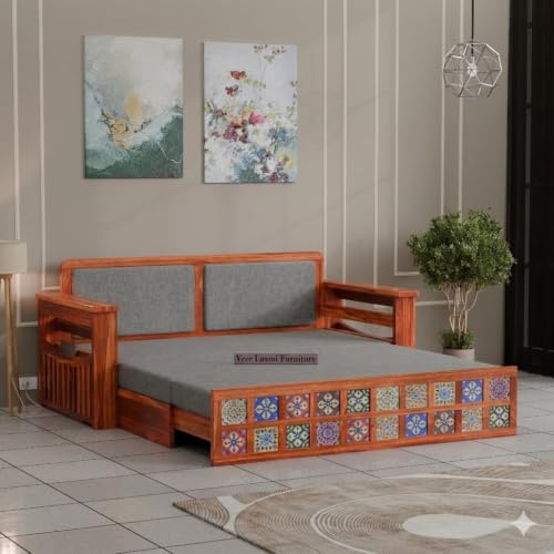 Image of MetalTree Wooden Sofa Cum Bed for Living Room | Convertible Sofa Bed with Storage | 3 Seater Foldable Sleeper Sofa | Solid Wood Pull Out Sofa Bed with Mattress for Home & Guest Room (Honey, Mary)