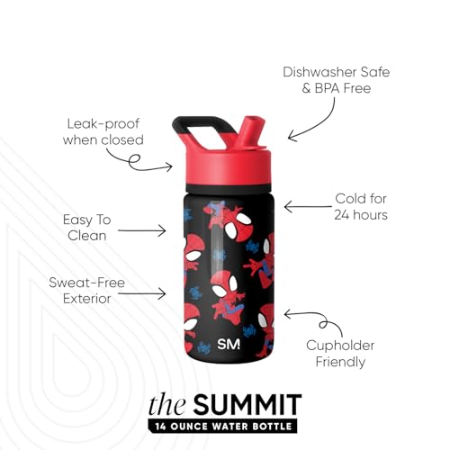 Image of Simple Modern Kids Summit Water Bottle with Straw Lid | Marvel Spidey 14oz Stainless Steel Cup Insulated Tumbler for Boys, School | Go Spidey Go