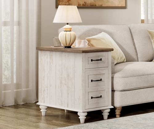 WAMPAT Antique White End Table with Charging Station Wooden Side Table with Drawer & Storage Cabinet Farmhouse Nightstand with Power Outlets & USB Ports for Living Room Bedroom