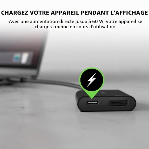 Belkin Adaptateur USB-C vers HDMI + recharge (prise en charge de la vidéo 4K UHD, alimentation Passthrough jusqu’à 60 W pour les appareils connectés, adaptateur HDMI pour MacBook Pro)