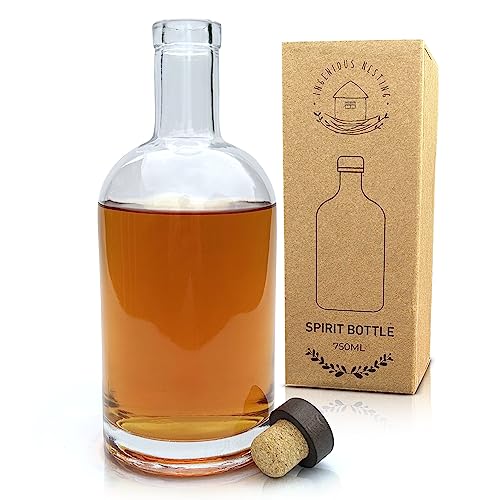 750ml Decanter Glass Bottle with Stopper For Whisky, Sloe Gin, Vodka, Drinks, Alcohol. With Microgram Cork Top and Wooden Engraved Lid