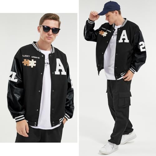 Image of Mens Varsity Jacket Baseball Bomber Jacket Vintage Unisex Streetwear Coats with Patchwork Hipster Utility Tops