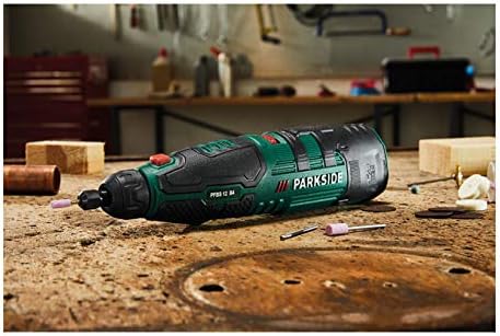 Parkside PFBS 12 B4 rotary tool on a workbench, ready for use.