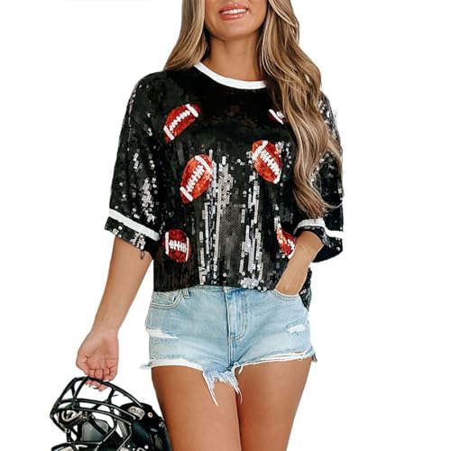Womens Sequin Football Shirts Short Sleeve Rugby Graphic Tee Tops Sparkle Game Day Shirts Party Streetwear