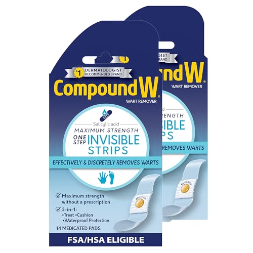 Compound W Maximum Strength One Step Wart Remover Strips with Salicylic Acid, Waterproof Wart Removal Bandages, 14 Count, Pack of 2