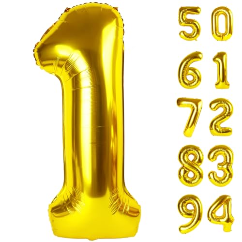 Image of 40 Inch Gold 1 Balloon for First Birthday, Gold One 1st Number Balloon Birthday Decorations, 10th 21st, Giant Number 1 Balloon