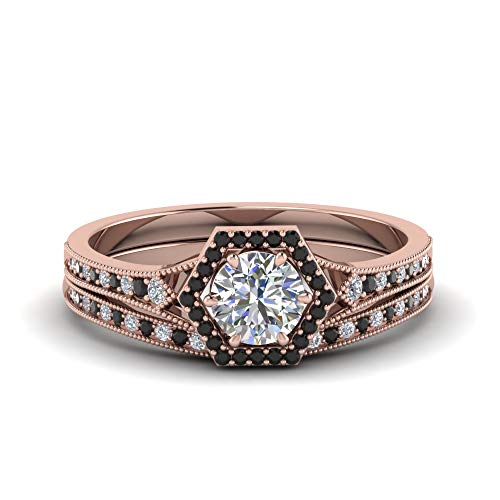 Image of Choose Your Gemstone Vintage Hexagon Halo Bridal Ring Set Rose Gold Plated Round Shape Wedding Ring Sets Matching Jewelry Wedding Jewelry Easy to Wear Gifts US Size 4 to 12