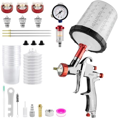 R500 LVLP Pistolet à Peinture avec 3 Buses 1,3mm 1,7mm 2,0mm et Bol Mélangeur 650 ML, Pistolet à Peinture pour Voitures avec Accessoires de pulvérisateur...