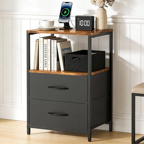 Image of Kratonix Nightstand with 2 Fabric Drawers,Rustic Small End Side Table with Open Storage Shelf & Metal Frame for Small Spaces,Living Room,Home Office,Sofa or Bedside,Brown