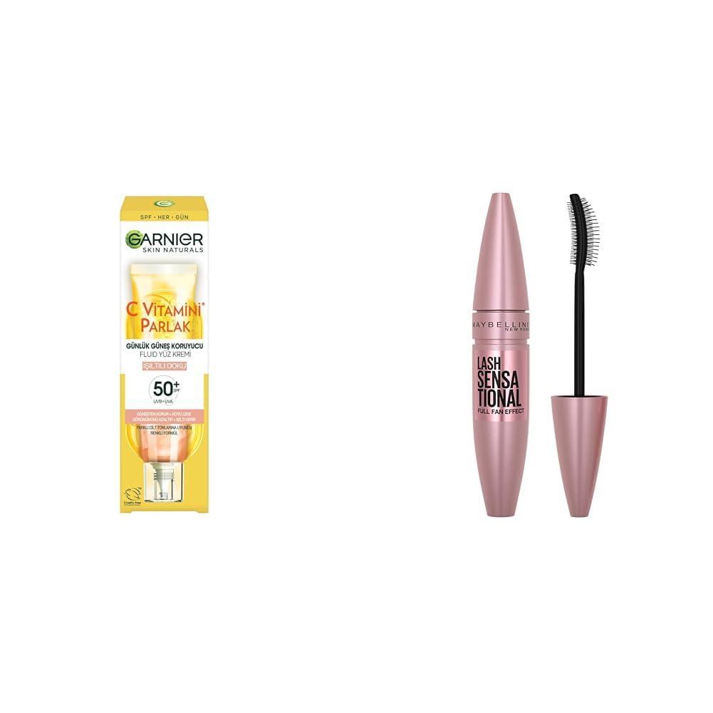 Garnier C Vitamini Parlak Günlük Uv Korumalı Güneş Yüz Kremi Spf50 Işıltılı Doku 40ml & Maybelline New York Lash Sensational Yelpaze Etkili Intense Black Maskara
