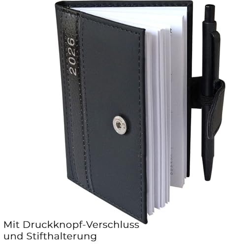 Calendario de bolsillo 2025 A7 con bolígrafo y soporte con aspecto de cuero fino, agenda 2025 con bolígrafo incluyendo calendario anual y vista semanal (negro) - imagen 6