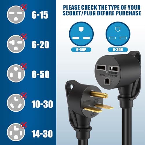 Image of Kanayu 25ft 30A NEMA 6-30 Extension Cord, 6-30P Male Plug to 6-30R Female Receptacle Power Cord with Handle for Welder Compressor Heater, STW 10 AWG /3C, 250V, 7500W, ETL Listed