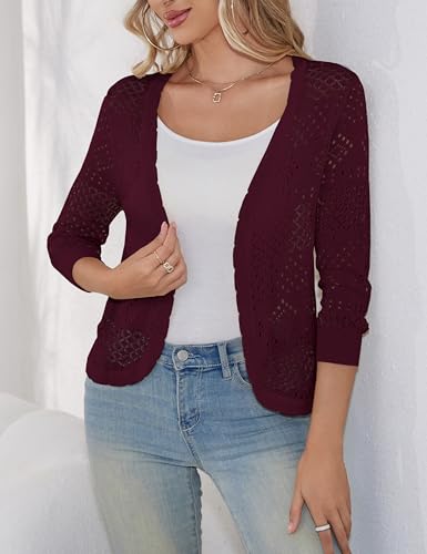 Image of REDHOTYPE Women's 3 /4 Sleeve Cardigan Open Front Cropped Shrugs Summer Hollowed Lightweight Cardigans Sweater (S-XL)
