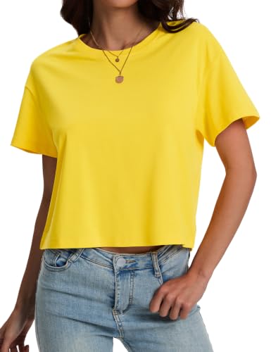 Image of SMENG Women's Crop Tops Cotton Loose Fit Tshirt Basic Short Sleeve Shirt