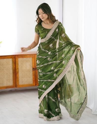 Image of SIRIL Women's Chiffon Scalloped Border Sequins Embroidery Saree with Unstitched Blouse Piece