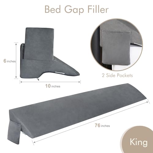 Image of Vekkia King Bed Wedge Pillow for Headboard Gap Filler(0-5 inch),High-Density Foam,Prevents Pillows & Items from Falling,Ergonomic Design,Large Storage Pockets, Removable&Washable Cover,Gray,76''x10''x6''