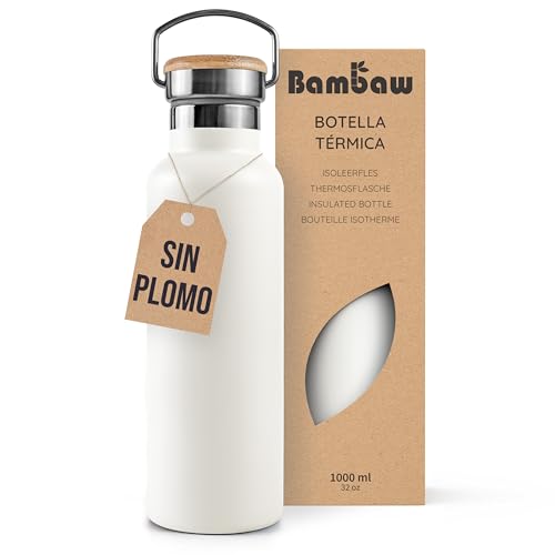 Bambaw Botella térmica 1 litro, Botella agua blanca, Botella agua acero inoxidable 1 litro, Termo acero inoxidable, Botella agua gimnasio, Cantimplora acero inoxidable – Blanco polar
