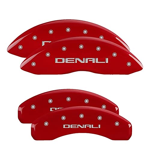 Image of MGP Brake Caliper Covers for 2019-2025 GMC Sierra 1500 | Requires 18 inch+ Wheels and Dual Piston Front Brakes, Red Powder-Coated Aluminum, 4 PCS Front and Rear, Denali Engraving