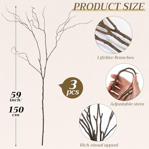 Image of Norme 3 Pcs 65 Inch Lifelike Curly Willow Branches for Vases Artificial Decorative Dried Twigs Tall Plastic Vine Bendable Stick for DIY Plant Crafts Farmhouse Wedding Indoor Home Hotel Decor(Brown)