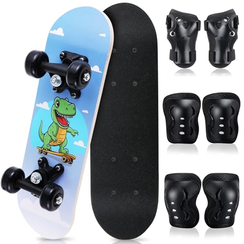 Honoson 7 Pcs Skateboard for Toddlers Beginners Knee Elbow Pads Wrist Guards Gear Set (Tyrannosaurus Age 2-5 Kids 17 x 5)