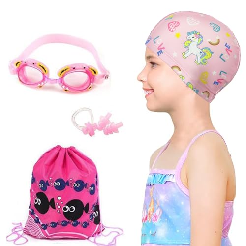crazy bean Set Gafas de Natación para Niños 4 Piezas Gafas Piscina,Gorro Piscina Niño,Tapones Oidos Pinza Nariz Natación, Mochila con Cordón Gafas Natación Antivaho Silicona Gorro Natación,Rosa