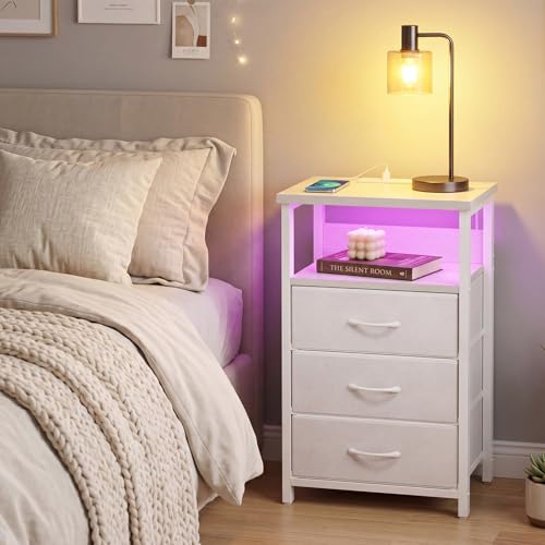 Image of Fixwal White Nightstand with Charging Station, LED Night Stand with 3 Fabric Drawers and Open Shelf, Bedside End Table in Bedroom