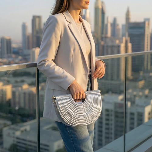 Image of Elegant Half Round Chinc Woven PU Leather Lou Top Handle Bag for Women Formal Evening Clutch Purses