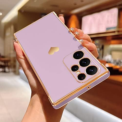 Urarssa for Samsung S22 Ultra Case Cute Bling Plating Heart Design Cases Women Girls Shockproof Bumper Silicone Slim Protective Cover for Samsung Galaxy S22 Ultra 5G, Purple