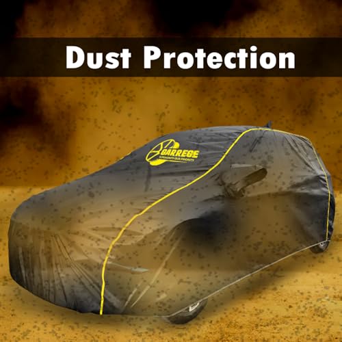 Image of Waterproof Car Body Cover Compatible with Toyota Glanza Car with Mirror & Anteena Packets Dust Proof & Belt with Elastic Black Colour & Yellow Piping Style