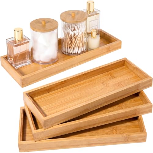 Chengu 3 Pcs Bamboo Vanity Trays for Bathroom Small Wooden Serving Tray for Bathroom Counter Food Appetizer Tea Dessert Kitchen Tissue Toilet Tank Home Decor 11 x 4 Inch(Rectangle Style)