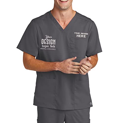 INK STITCH Unisex WW5068 Men Embroidered Logo Texts Premiere Flex V Neck Pocket Scrub Shirts - Pewter (S)