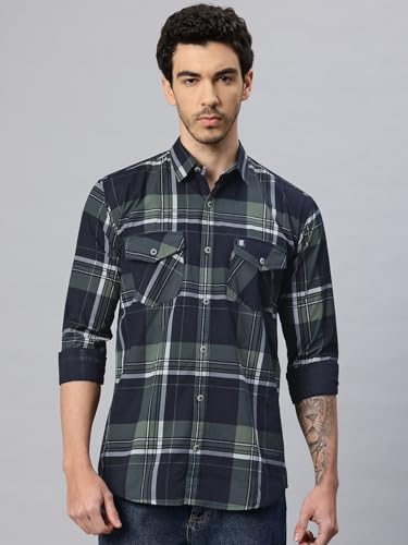 Image of Majestic Man Men's Pure Cotton Cargo Checks Shirt with Dual Flap Pockets - Slim Fit | Full Sleeve | Casual Wear | Trendy & Comfortable