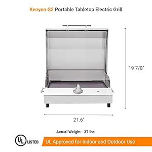 Kenyon G2 Portable Tabletop Electric Grill 1440W Single Burner Stainless Steel Body Cast Aluminum Grate UL Approved Grill For Indoor And Outdoor Use Removable Lid Dishwasher Safe 120Volts