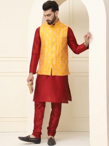Image of SOJANYA (Since 1958 Men's Silk Blend Kurta Pyjama With Self Design Nehru Jacket