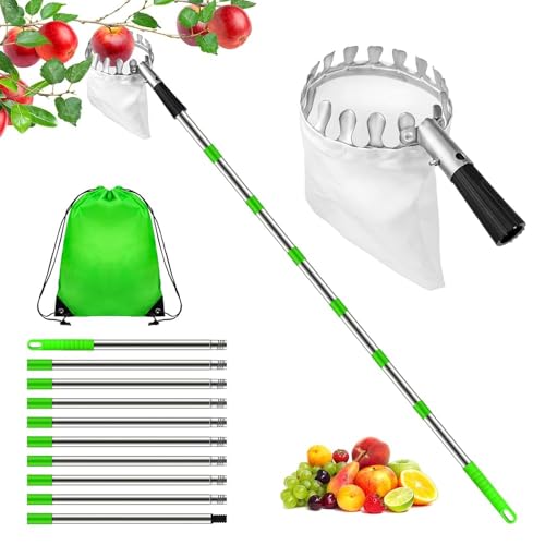 Hysagtek Recogedor de manzanas, recogedor de frutas de 4 m con mango telescópico, bolsa de algodón para manzanas, cerezas, peras, ciruelas, ayuda ajustable con barra de acero inoxidable, ideal para