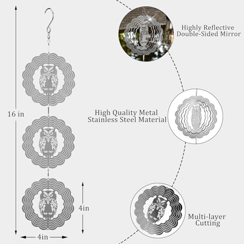 Image of Owl Bird Deterrents for Outside,3D Stainless Steel Wind Spinners Outdoor Decor,Reflective Bird Scare Discs Set,Shiny Bird Reflectors to Keep Woodpecker Pigeon Away from House Patio Yard Porch