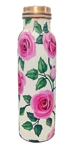 Botella de agua de cobre de 950 ml con estampado de rosas y vasos 4