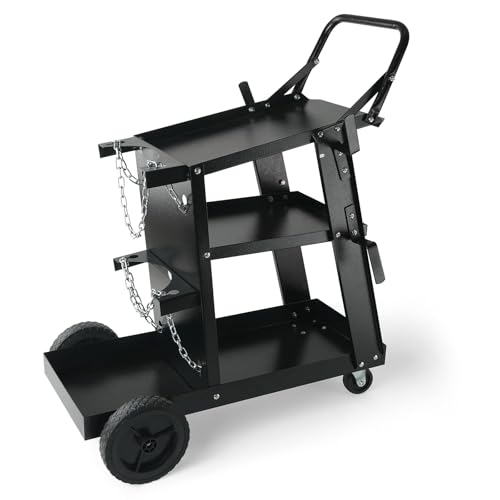 Image of Holdwell S Welding Cart, 3-Tier Heavy Duty Welder Cart with 400LBS Load Capacity, 360° Swivel Wheels with Dual Cylinder Slots & Safety Chains, Rolling Cart for Welders & Plasma Cutters
