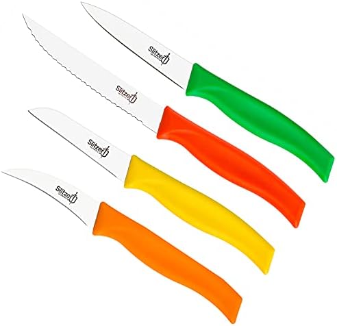 Slitzer Germany 4-Piece Kitchen Knife Set - German Stainless Steel Blades & Colorful Handles - Utility, Paring, Vegetable, & Beak Carving Knives