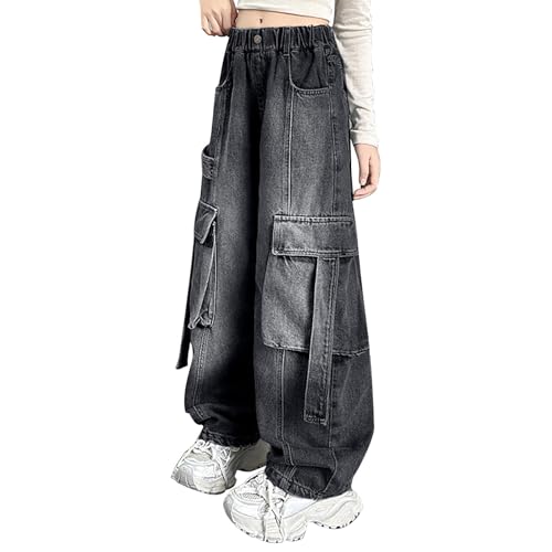 Teen Girl Cargo Pants Girls Y2K Cargo Trousers Jeans Wide Leg Denim Pants with Multi Pockets 4-15 Years Streetwear