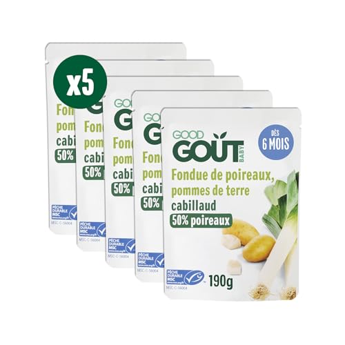 GOOD GOÛT - Fondue de Poireaux Pommes de Terre Cabillaud - Plat cuisiné pour Bébé - Dès 6 mois - Purée - Fabriqué En France - Sachets Micro-Ondables - 5x190g