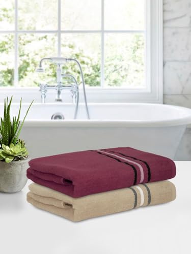 Image of Cortina 480 GSM Ultra Soft, Super Absorbent, Antibacterial Treatment, 100% Cotton Large Bath Towel, 70 cms x 140 cms, (Maroon /Beige, Set of 2)