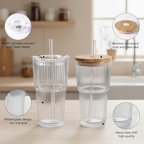 Image of Ruckae 20oz Ribbed Glass Tumbler with Lids and Straws - 2 Pack Leak Proof Iced Coffee Cup- Aesthetic Glass Cups with Bamboo Lids for Home,Office,Travel and Gifts (2, Transparent)