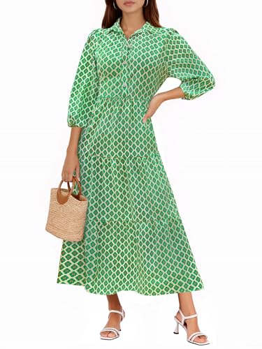 Image of Wenrine Womens Casual 3 /4 Sleeve Shirt Dress Button Down V Neck Tiered Collared Flowy Maxi Dress