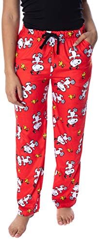 Peanuts Women's Snoopy And Woodstock Allover Print Smooth Touch Fleece Sleep Bottoms Lounge Pajama Pants (Large)