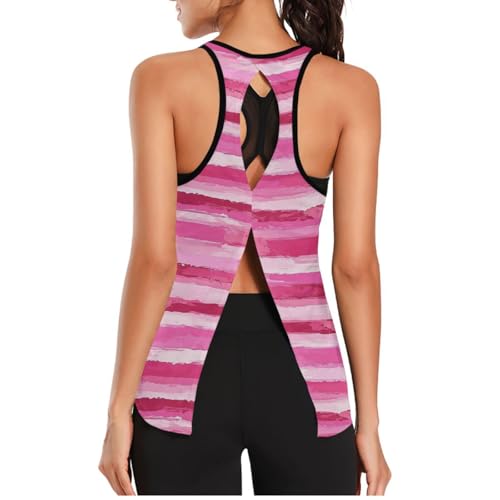 voucong Camiseta deportiva de malla para mujer, holgada, ajustada, para ejercicio, yoga, color rosa, Rayas rosa, M