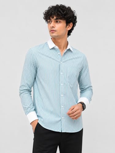 Image of Men's Striped Casual Shirt | White Collar & White Cuff Design | Full Sleeve Cotton Blend Shirt for Men | Slim Fit Stylish Casual Wear