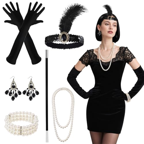 Grevosea 6 acessórios de flapper dos anos 20 para mulher, acessórios de grande Gatsby com bandana, colares de contas, brincos, luvas, acessório de mão para fantasia de casamento vintage