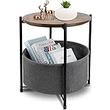 Round End Tables with Storage Basket,Small Side Table Nightstand Wood Top